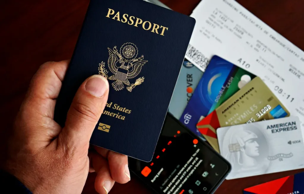 US Passport with flight ticket and credit cards