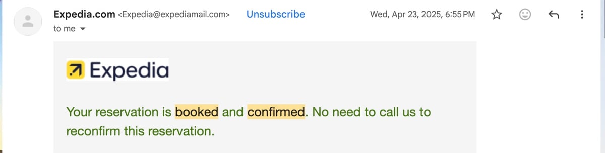 Screenshot of one of my real Expedia booking confirmation emails from April 2025