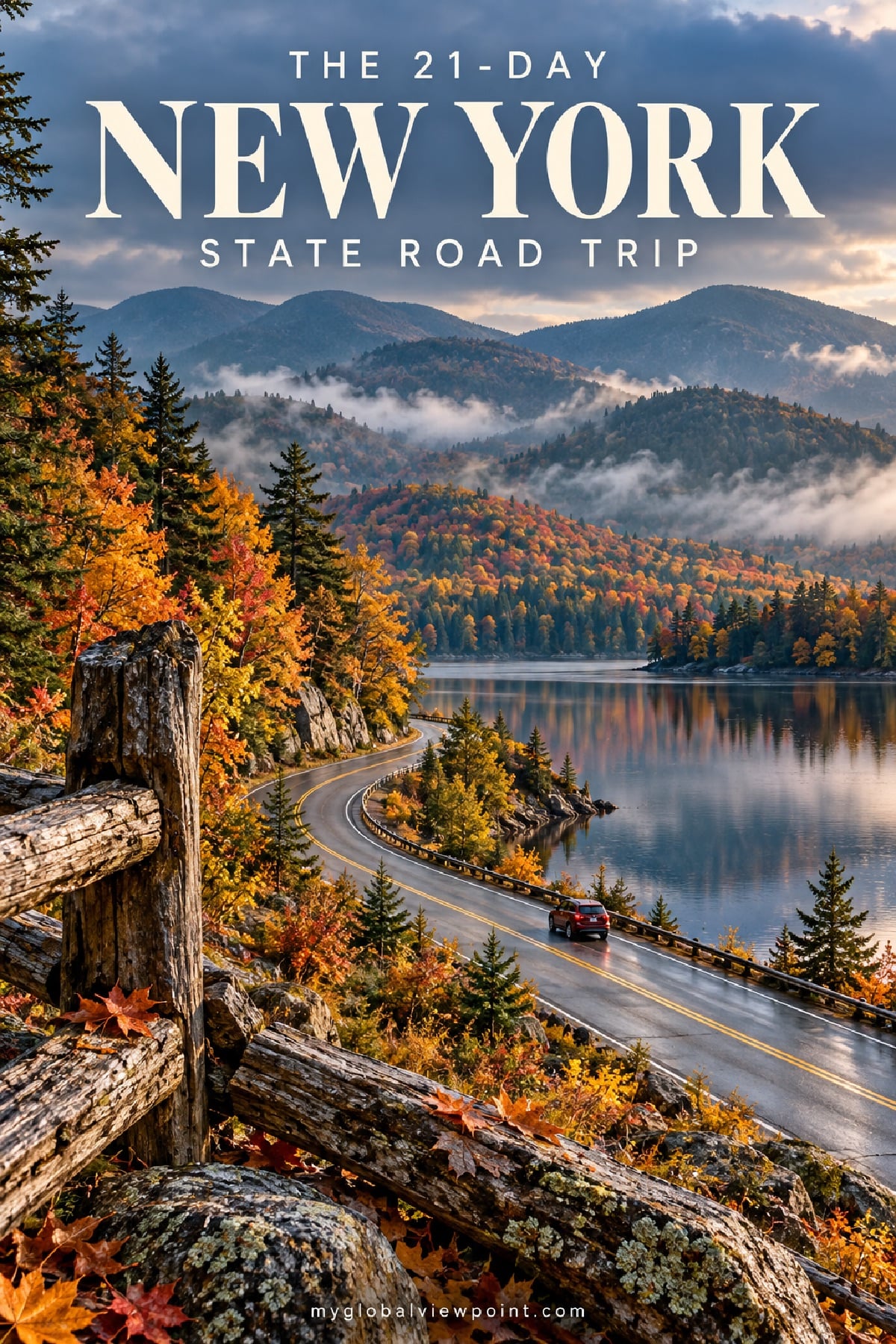 21-day New York State road trip itinerary, autumn foliage along an Adirondack lake road