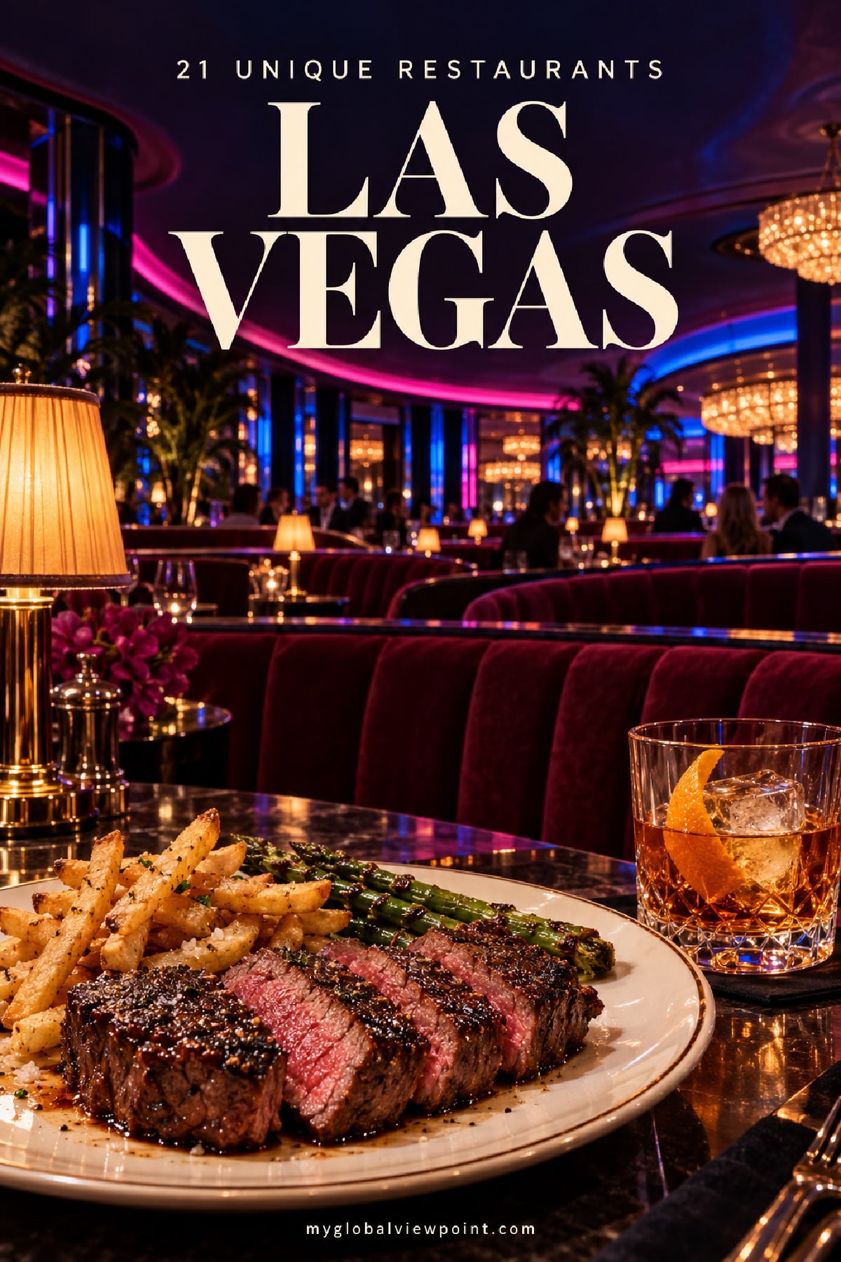 Pin reading 21 unique restaurants in Las Vegas, over a steak dinner in a neon-lit dining room
