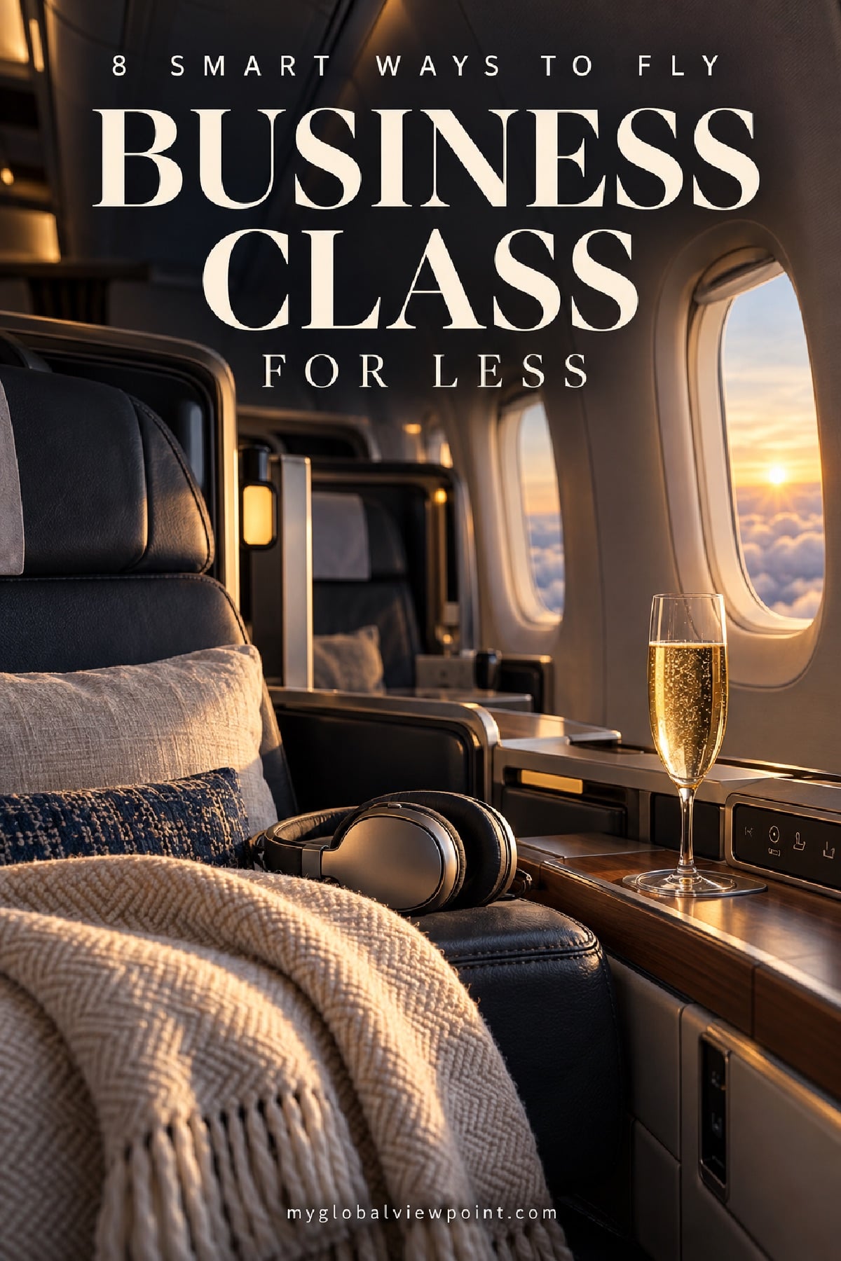 Pin reading 8 smart ways to fly business class for less, over a lie-flat business class cabin at sunset