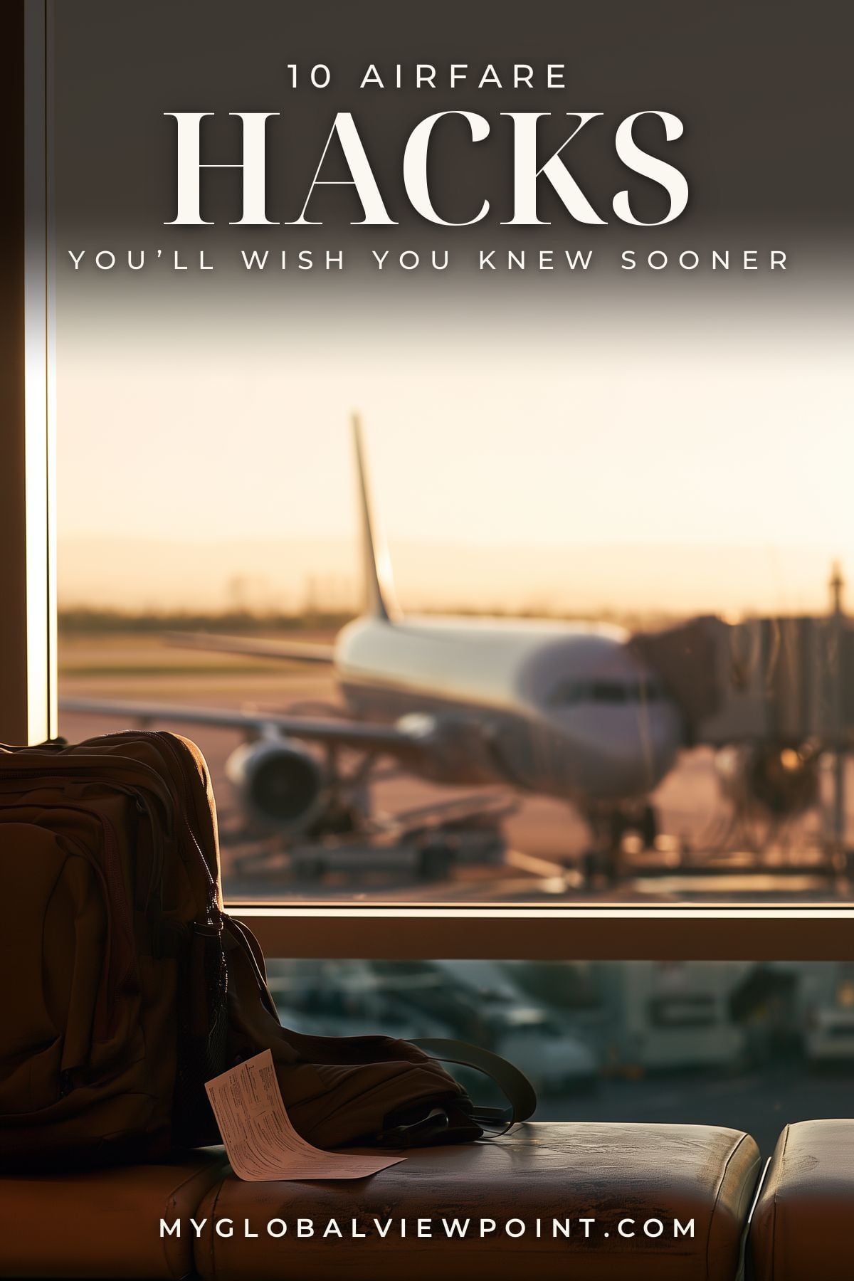 Airfare hacks pin with a backpack and boarding pass beside an airport window facing a plane.