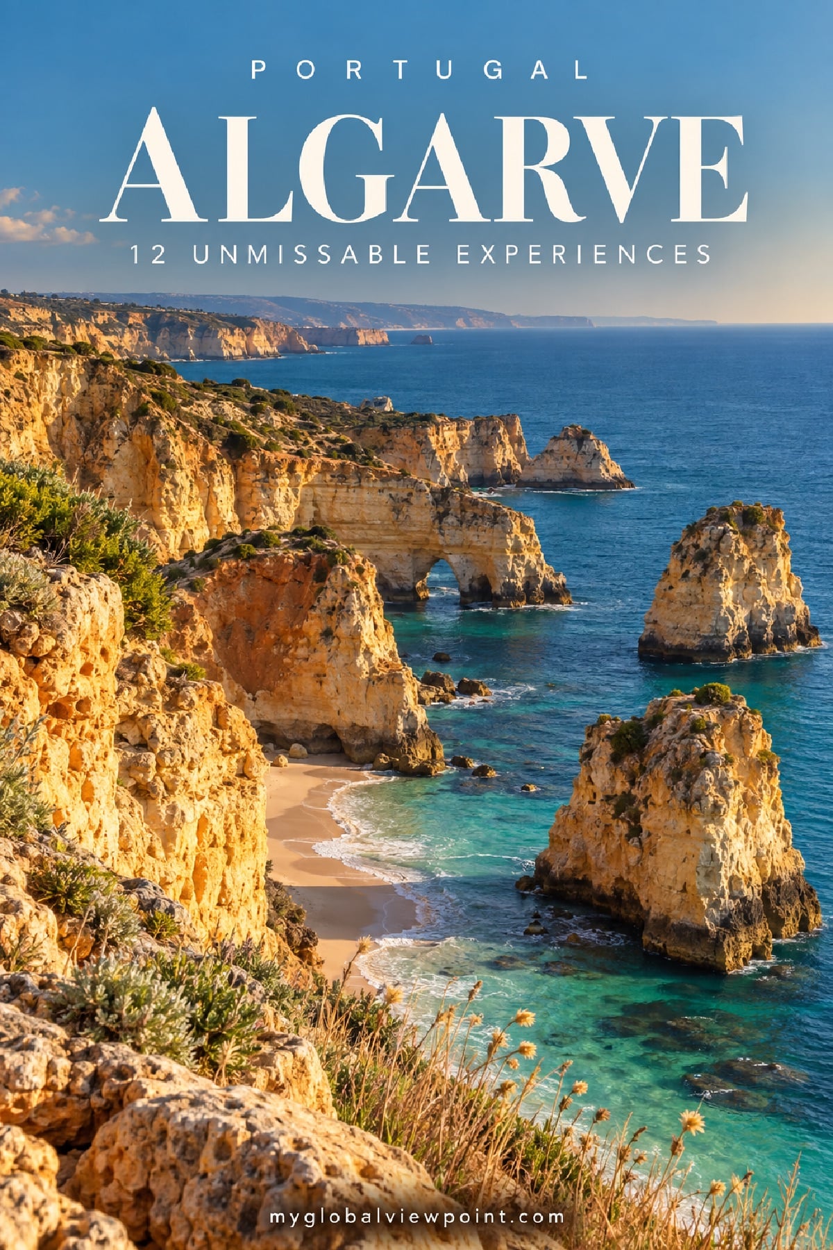 12 unmissable experiences in the Algarve, golden cliffs and sea stacks above a turquoise cove
