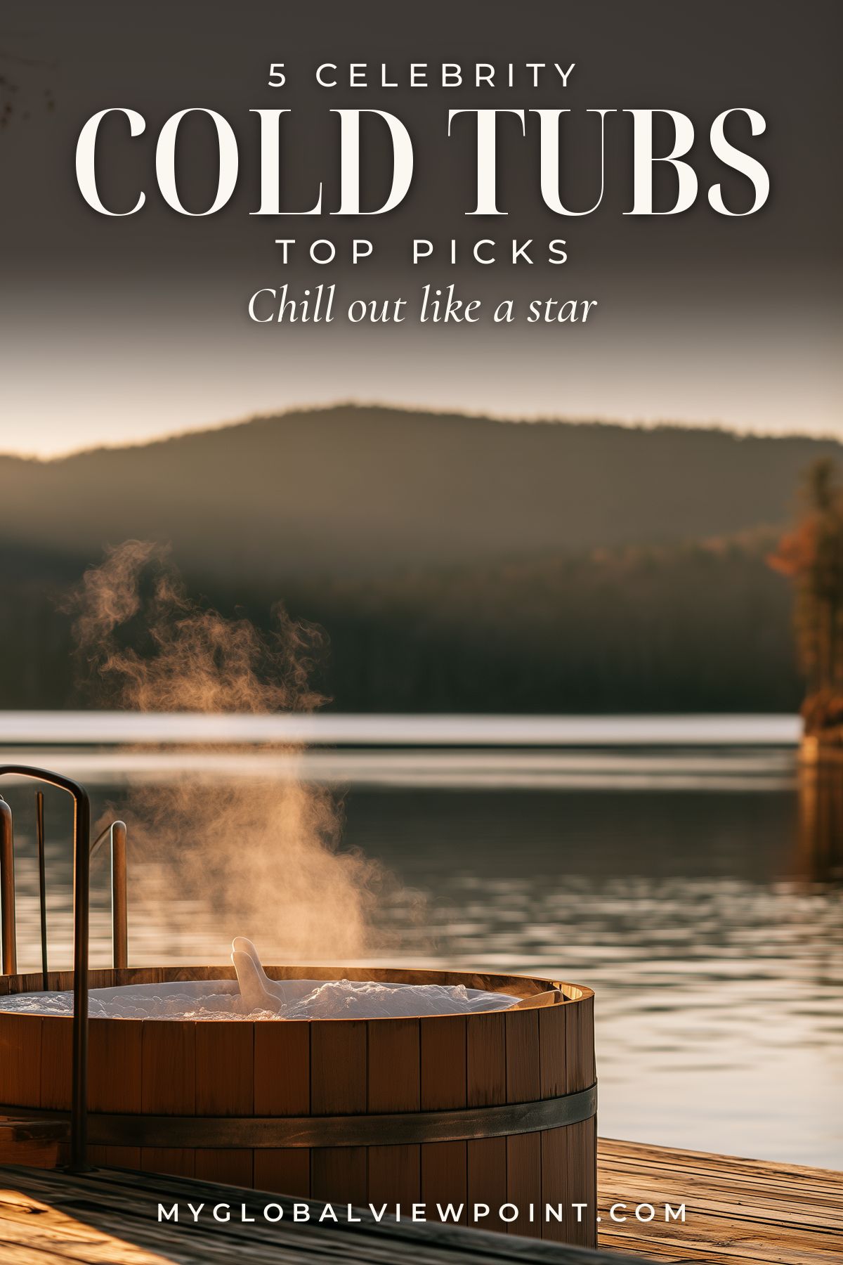 Celebrity cold tub guide pin showing a round wooden tub on a deck beside a lake.