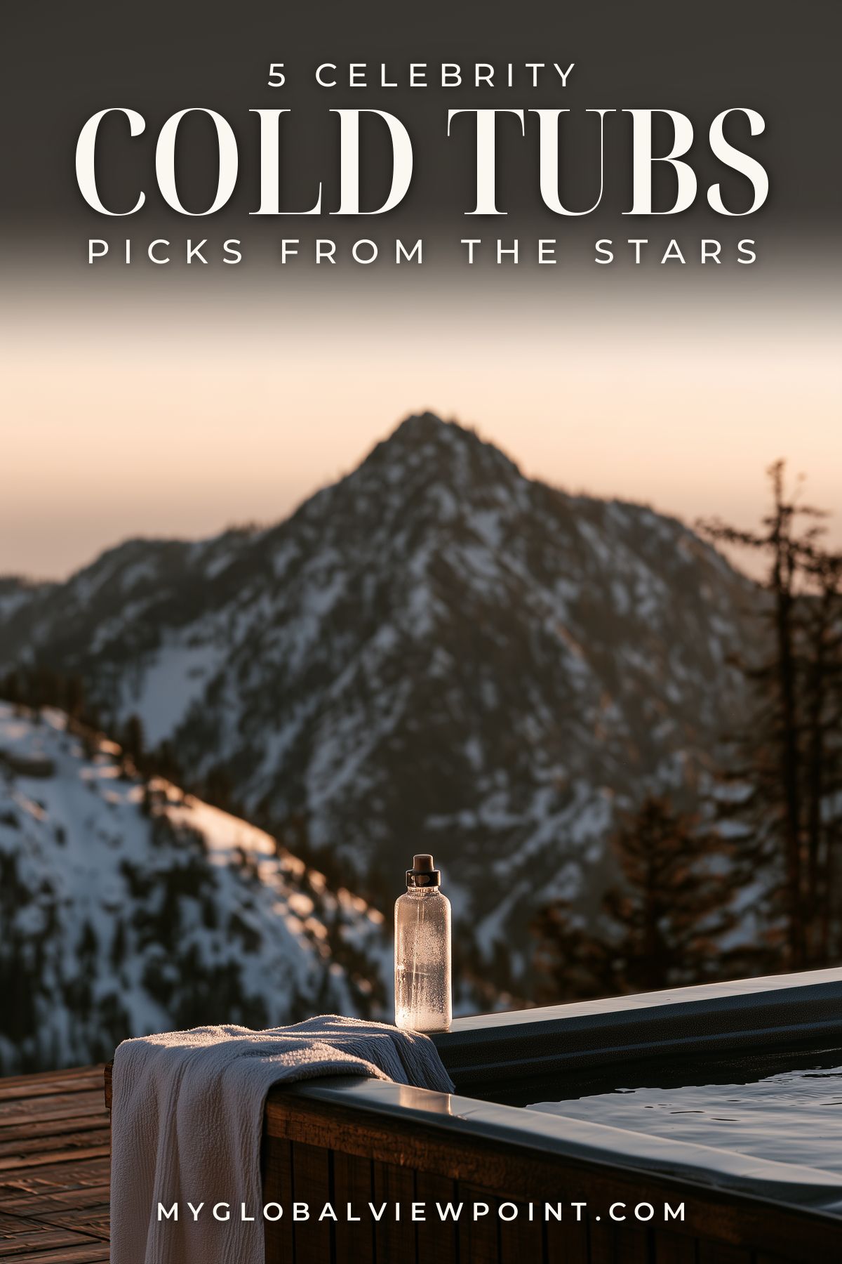 Celebrity cold tub guide pin with a towel and water bottle beside an outdoor tub facing snowy mountains.