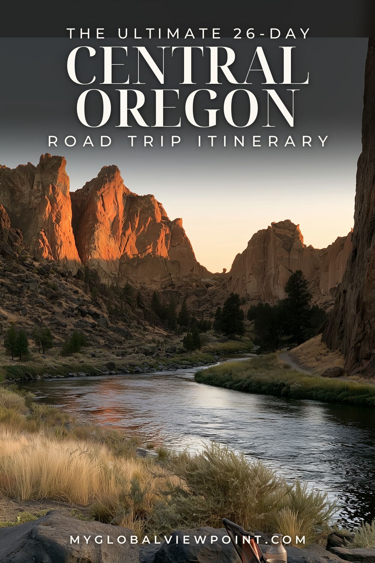 Central Oregon road trip pin showing a river winding between steep red rock cliffs.