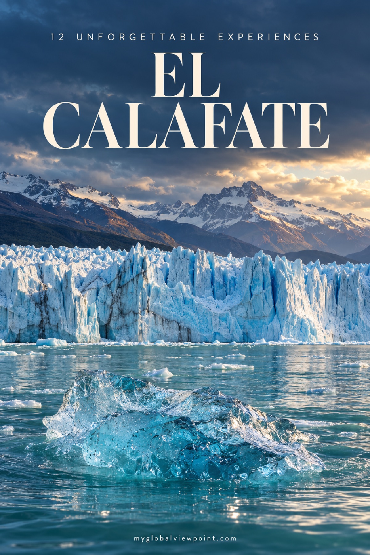 Icebergs drifting on turquoise water in front of a glacier face, with snow-capped Patagonian peaks behind at sunset