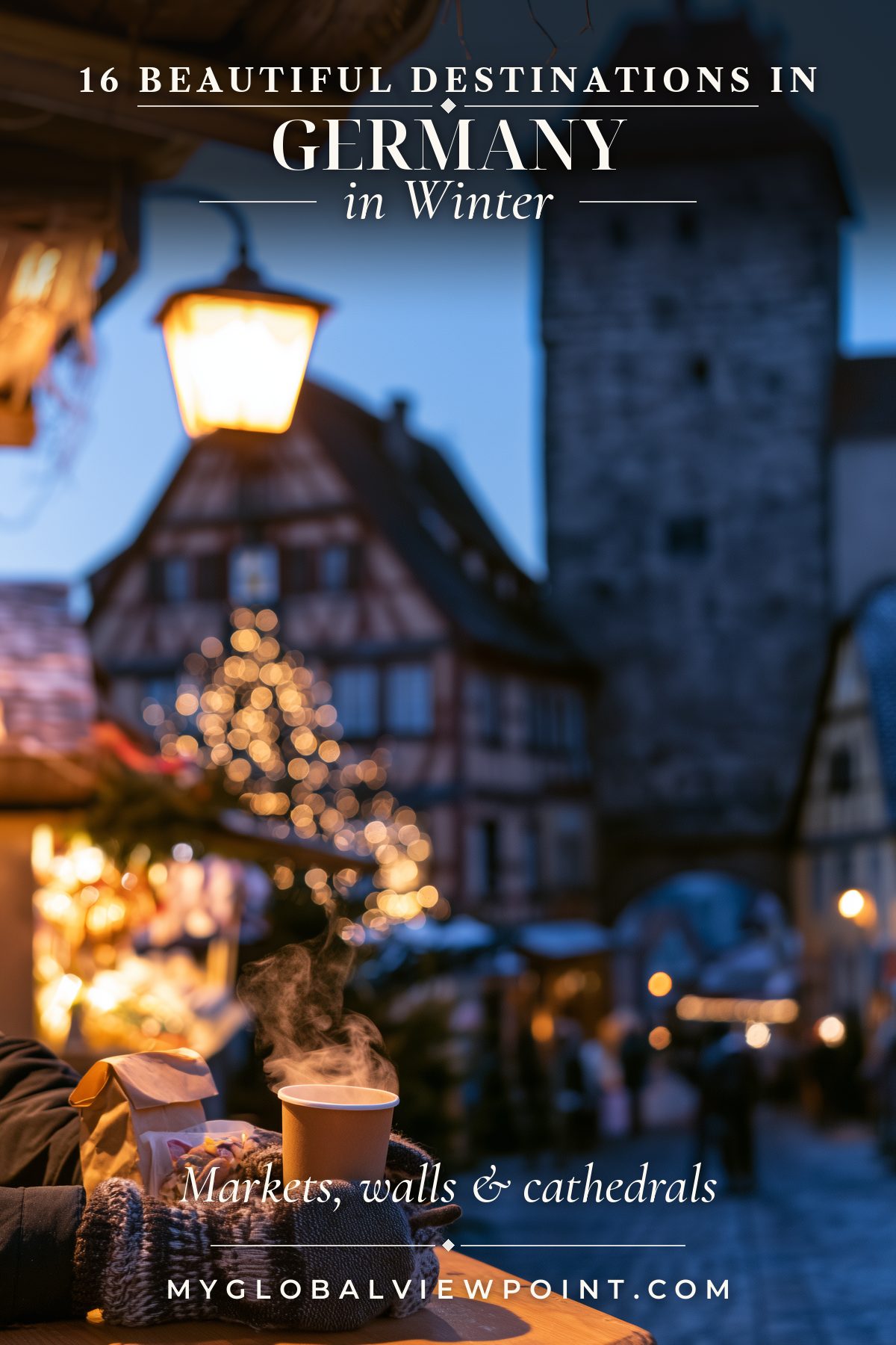 Pinterest travel graphic showing a mug of hot chocolate beside a festive German street at dusk.