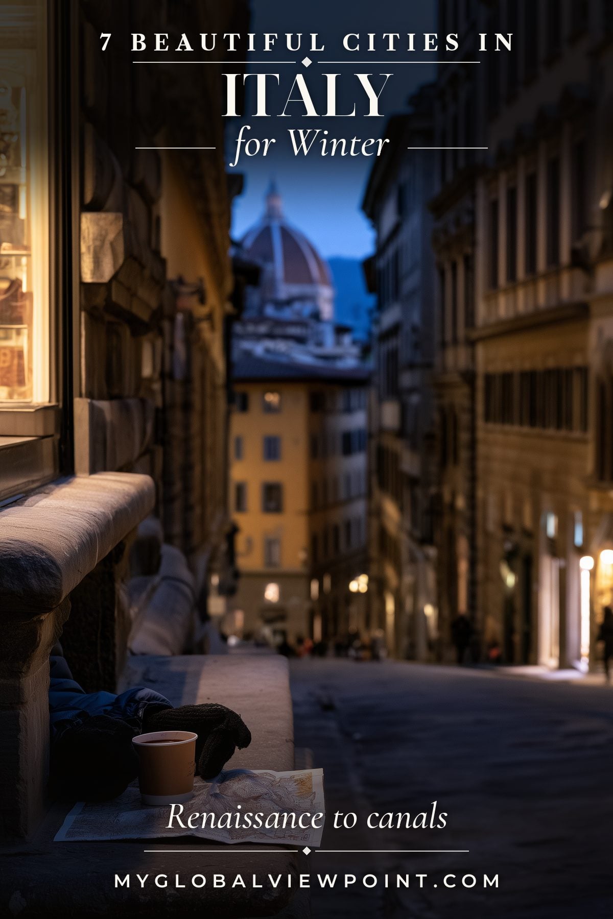 Pinterest travel graphic showing a cup on a stone ledge above a Florence street with the cathedral dome beyond.