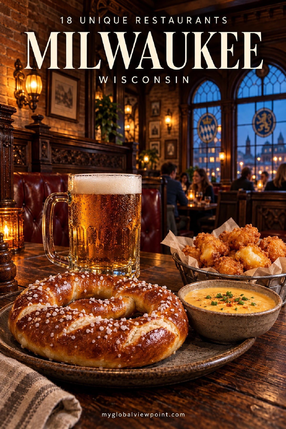 A soft pretzel, fried cheese curds and a tall glass of beer on a dark wooden table in a warmly lit German-style beer hall