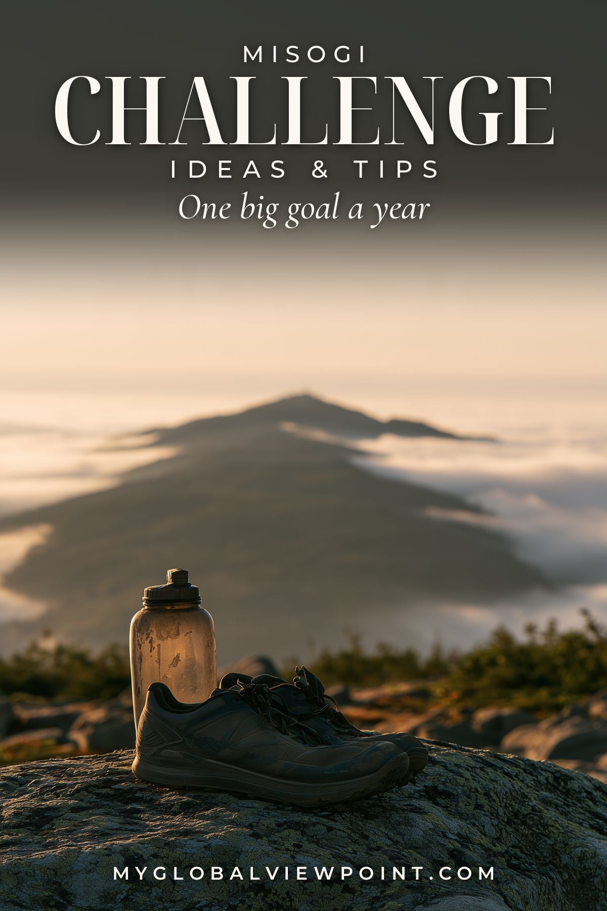 Misogi challenge guide pin with hiking shoes and a water bottle above a cloud-filled mountain valley.
