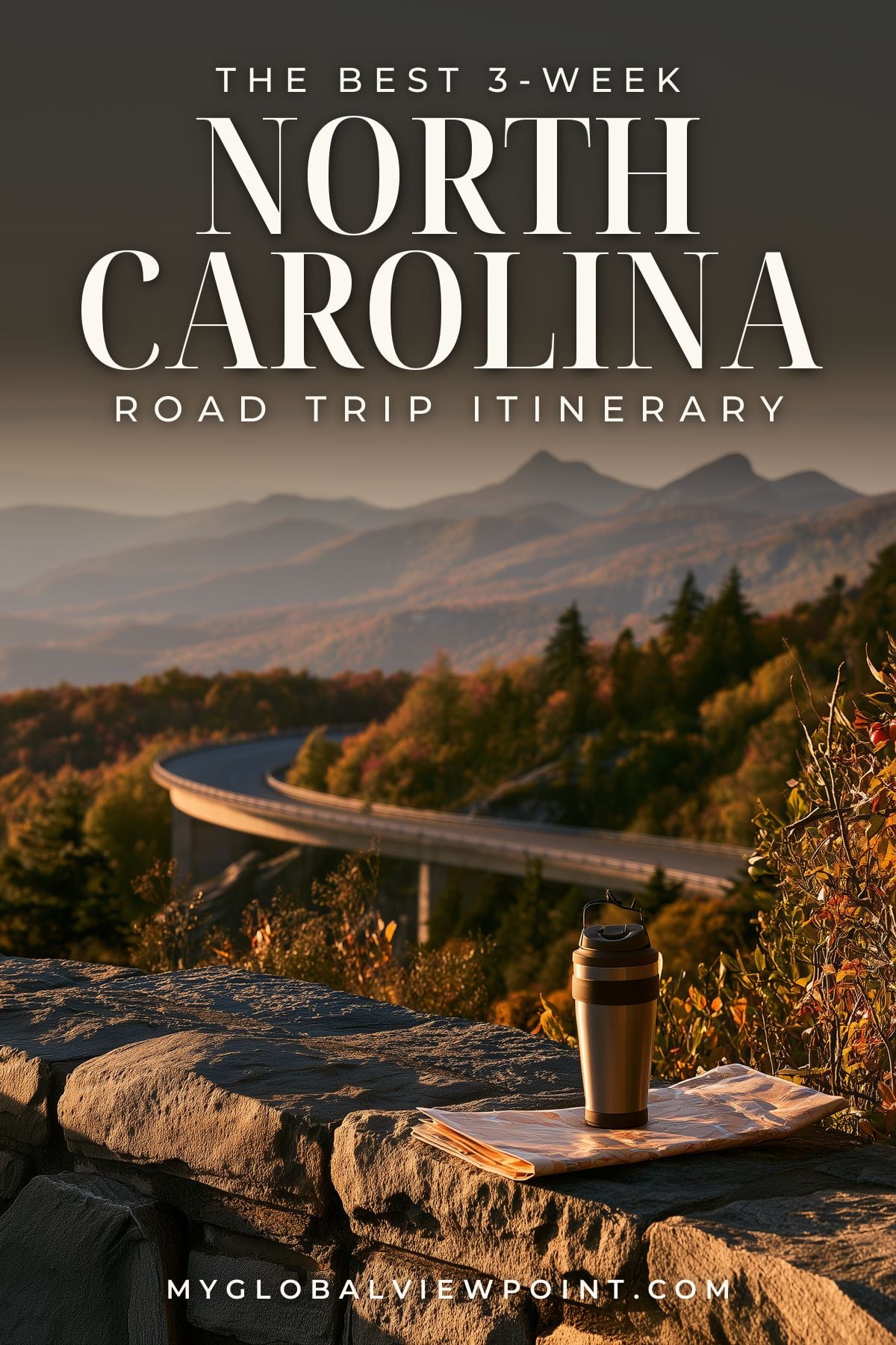 North Carolina road trip pin with a map and travel mug overlooking a curving mountain viaduct.