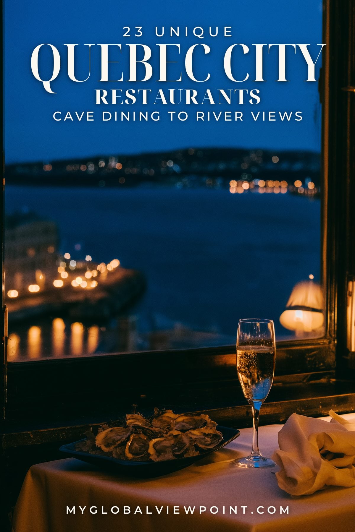 Pinterest travel graphic showing a restaurant table and wine glass overlooking the river at dusk.