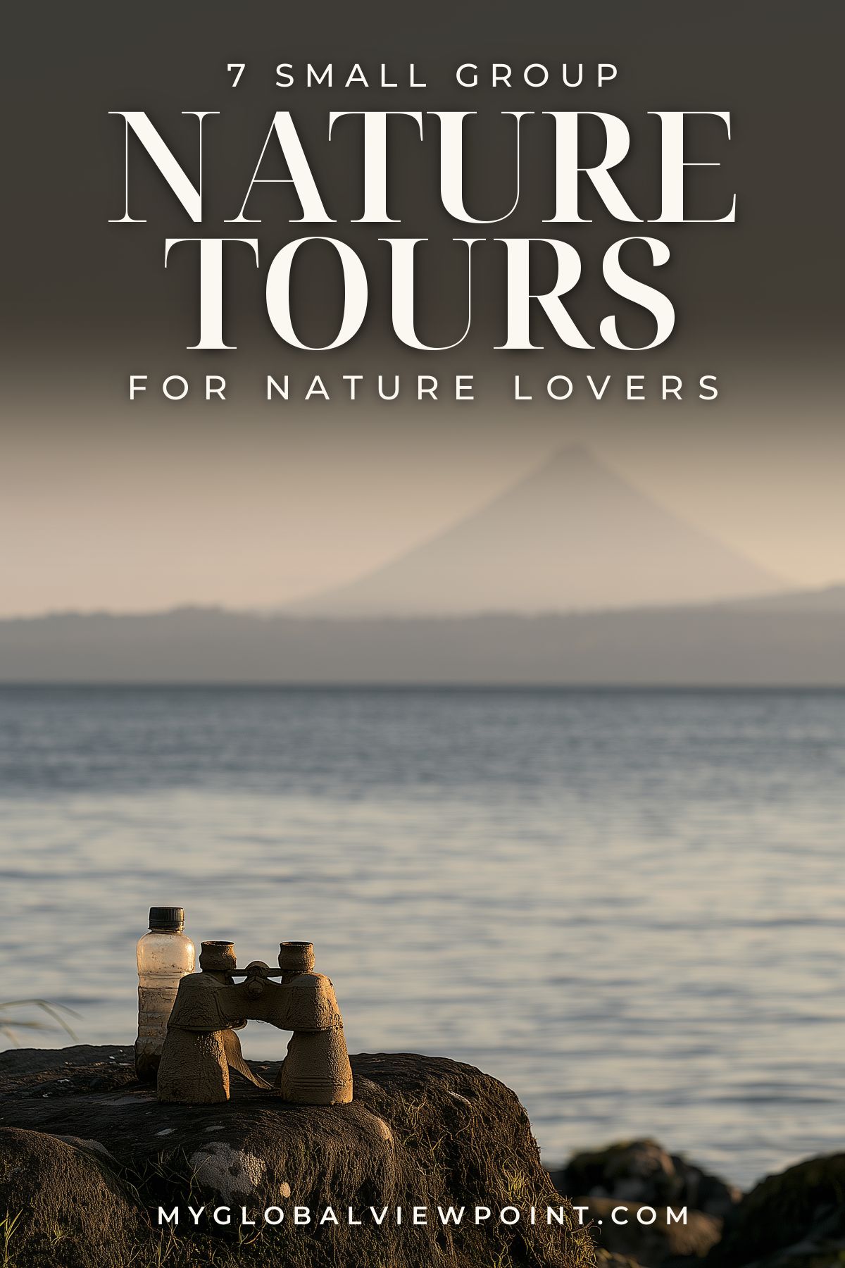 Small group nature tours pin with binoculars beside a lake and a volcano in the distance.