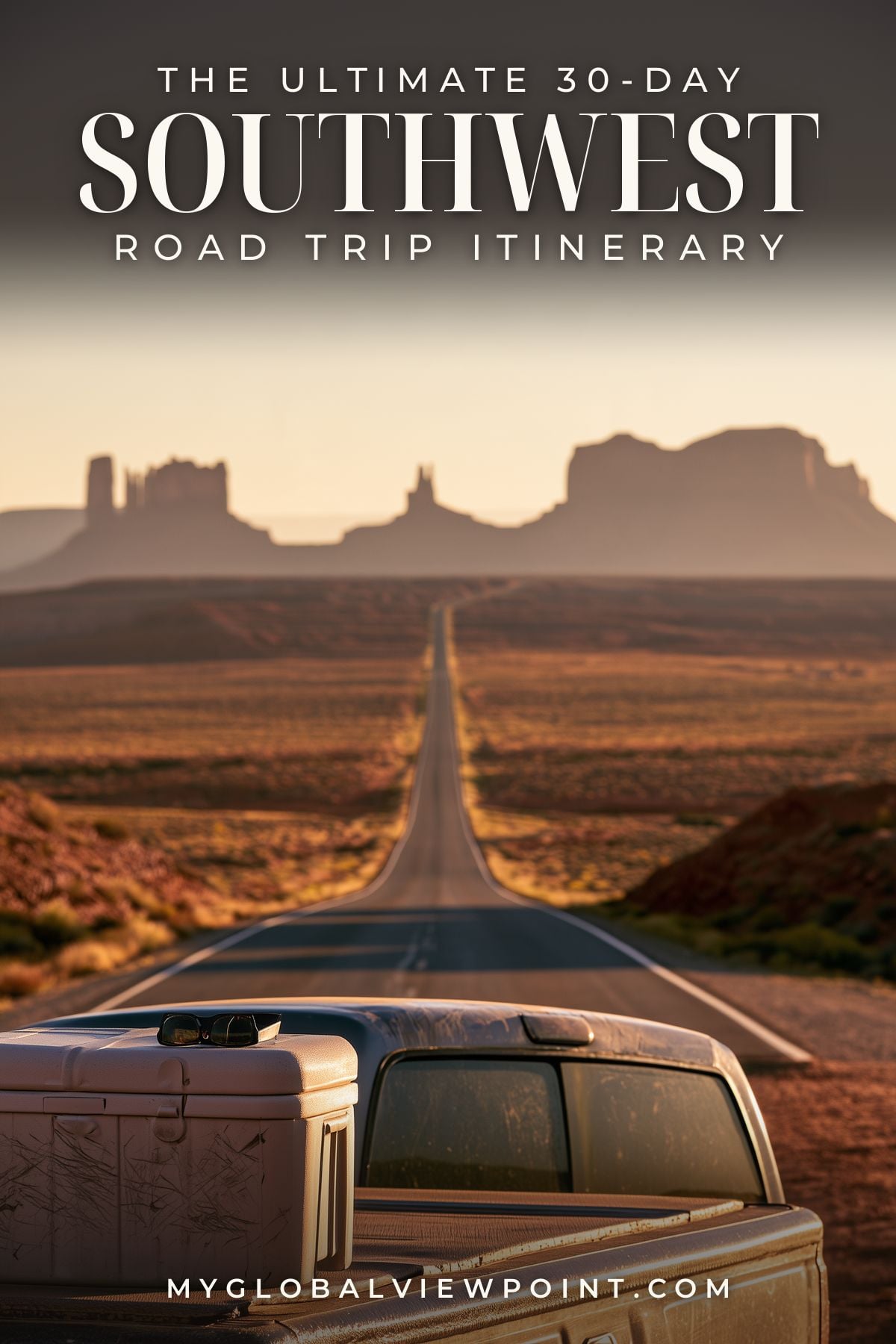 Southwest road trip pin with a pickup truck beside a desert highway leading toward red rock buttes.