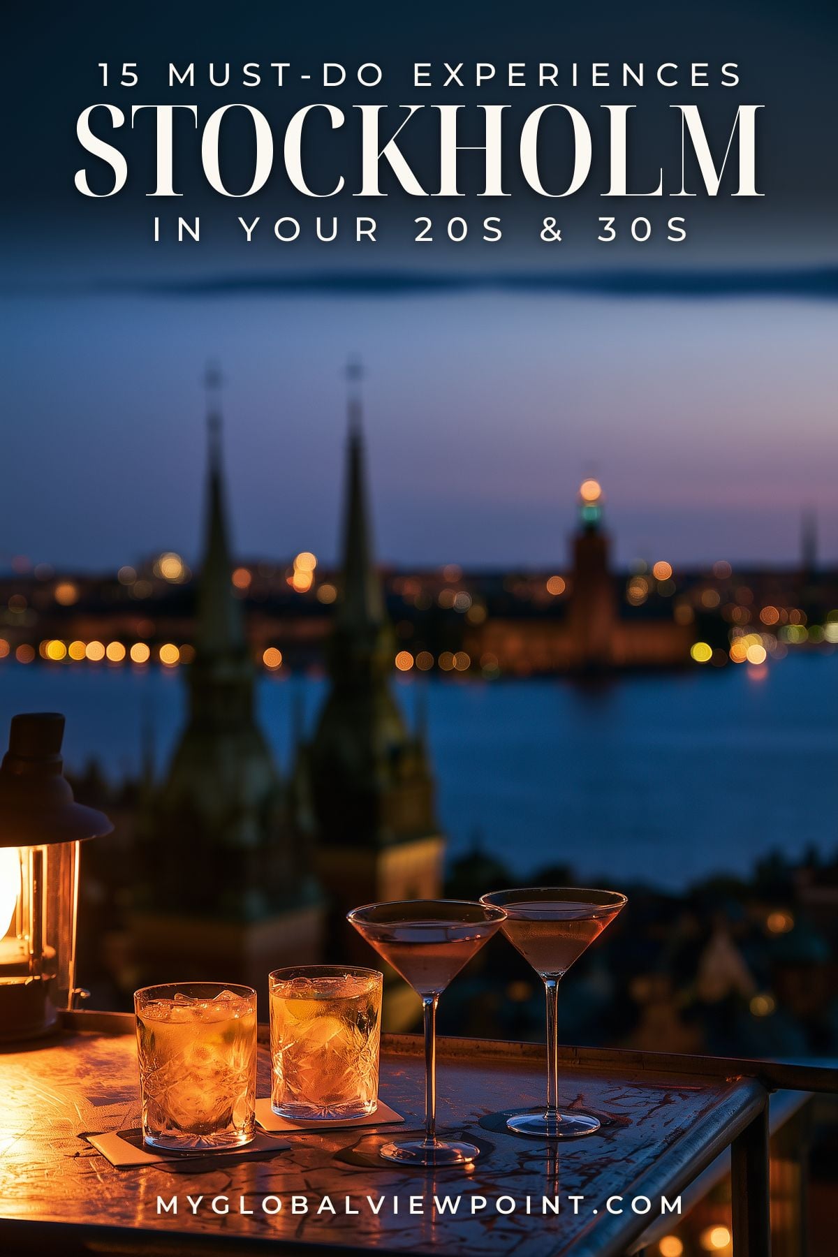 Stockholm young adults travel pin with drinks on a terrace above the city waterfront at dusk.