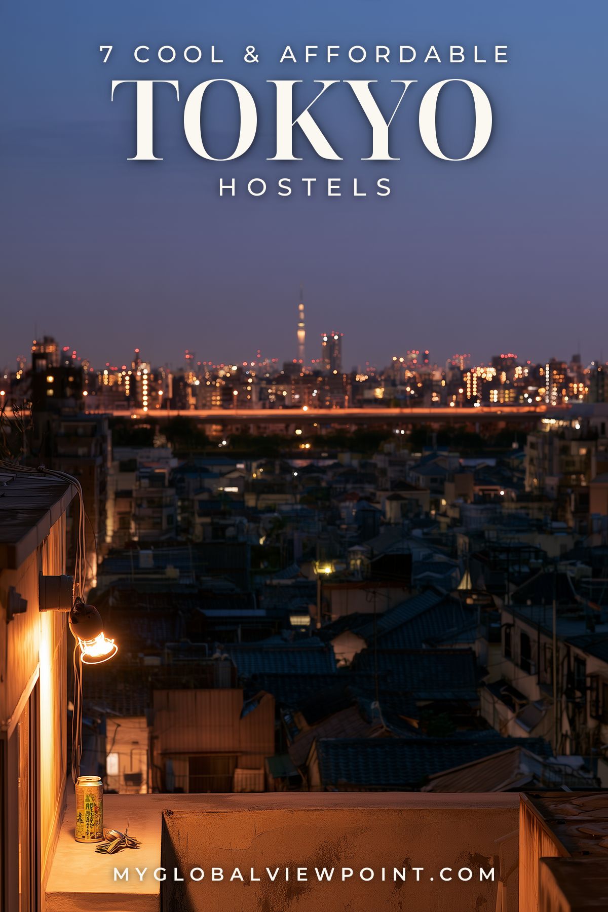 Tokyo hostels pin showing neighborhood rooftops and a distant illuminated tower at night.