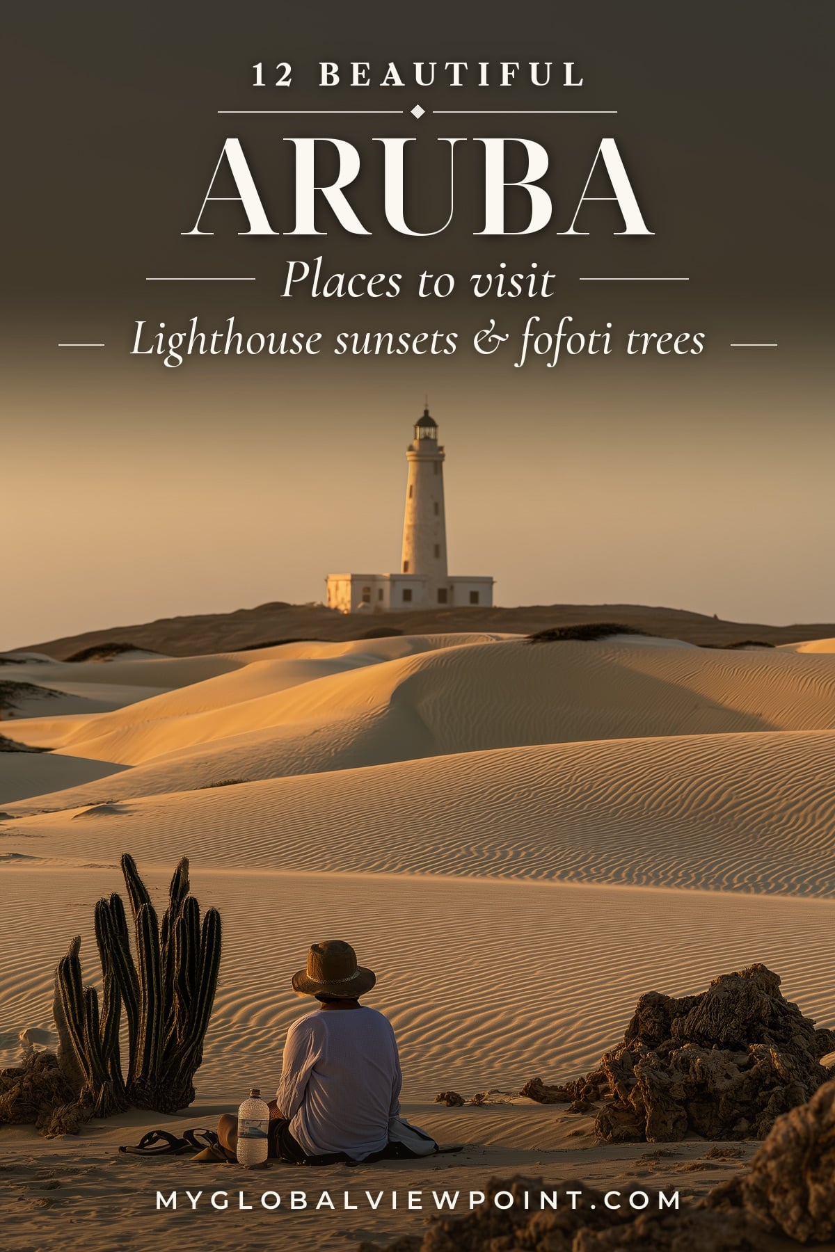 Aruba travel pin showing a lighthouse above sandy dunes and a seated visitor at sunset.