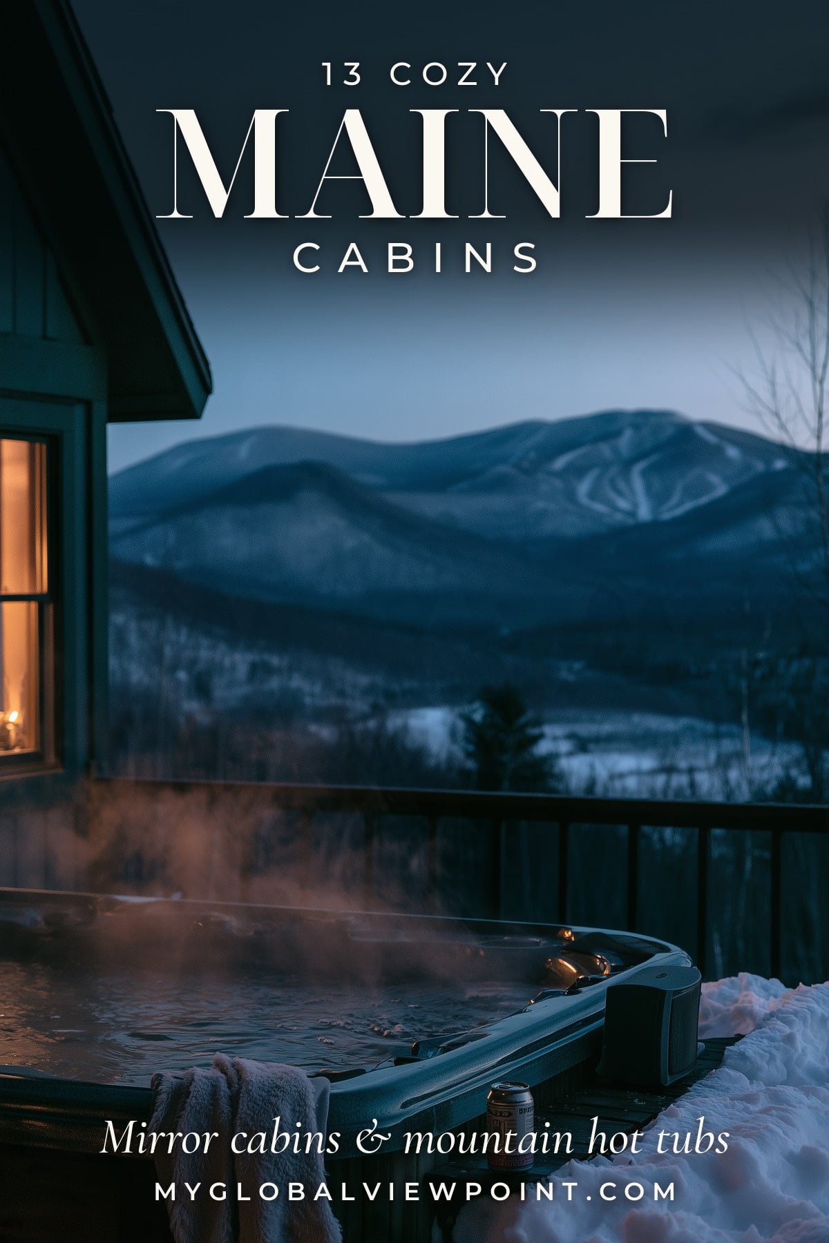 Maine cabin guide with a steaming hot tub on a snowy chalet deck overlooking mountain ski trails at dusk.